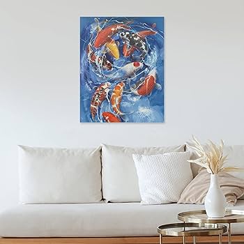 Amazon.co.jp: 絵画 青い池の鯉の絵インテリア 絵画 超リアルな動物